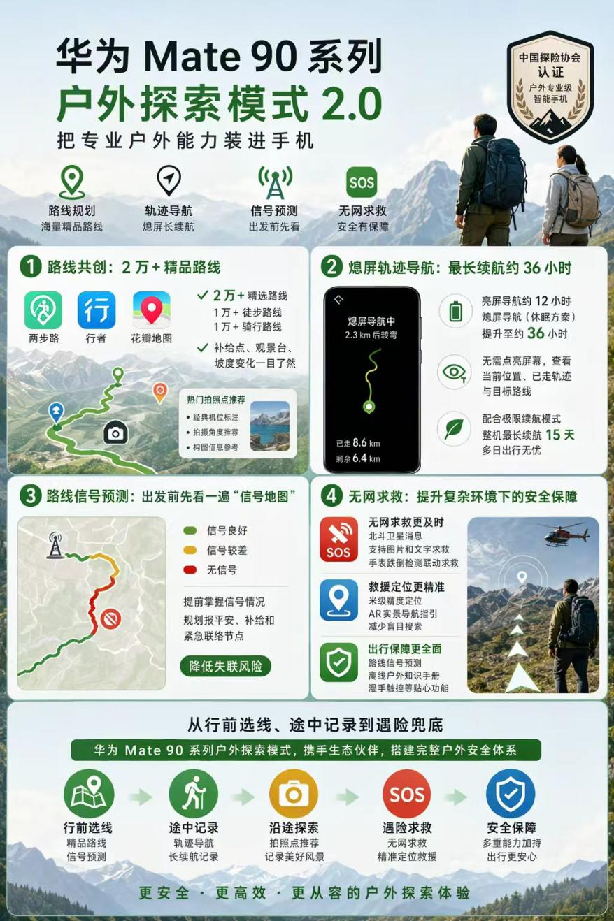 华为Mate90系列推出全新户外探索模式，两步路、行者等共建路线规划、熄屏导航新体验